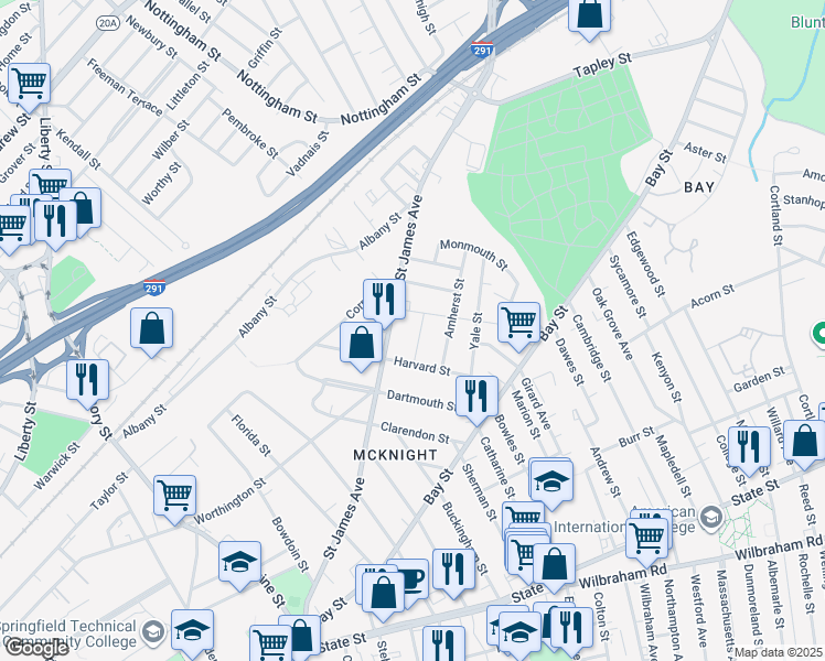 map of restaurants, bars, coffee shops, grocery stores, and more near 35 Vassar St in Springfield