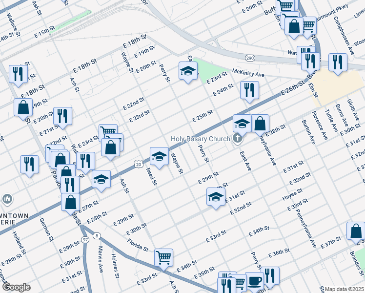 map of restaurants, bars, coffee shops, grocery stores, and more near 2603 Jackson Ave in Erie