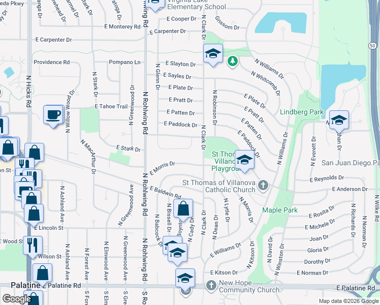 map of restaurants, bars, coffee shops, grocery stores, and more near 917 East Schirra Drive in Palatine