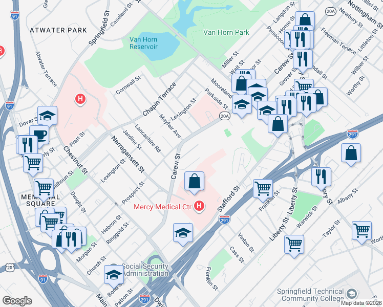 map of restaurants, bars, coffee shops, grocery stores, and more near 25-23 Algonquin Place in Springfield