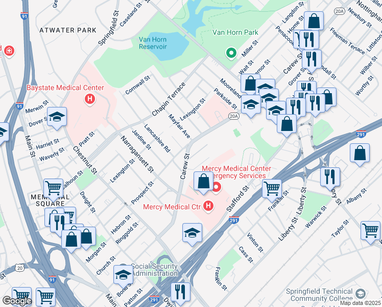 map of restaurants, bars, coffee shops, grocery stores, and more near 25-23 Algonquin Place in Springfield