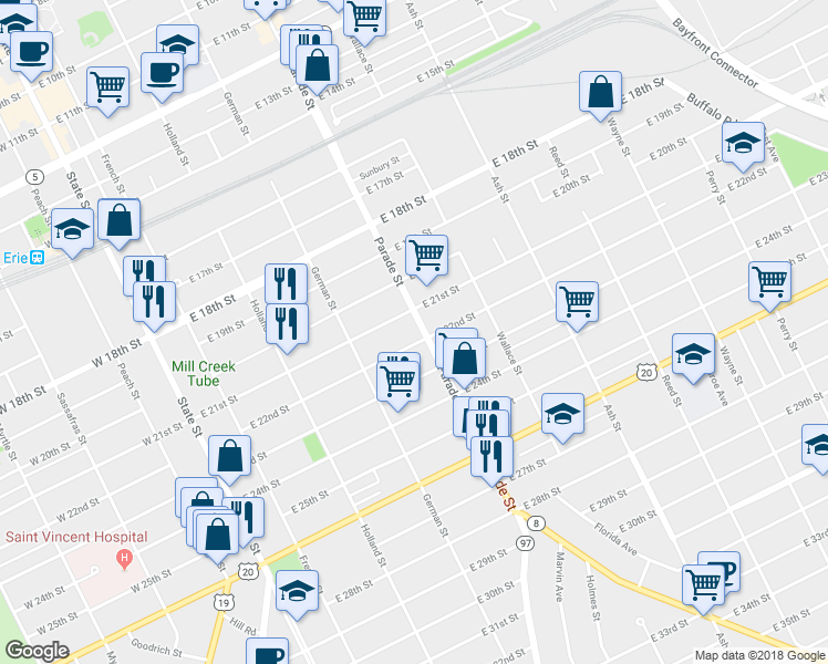 map of restaurants, bars, coffee shops, grocery stores, and more near 410 East 22nd Street in Erie