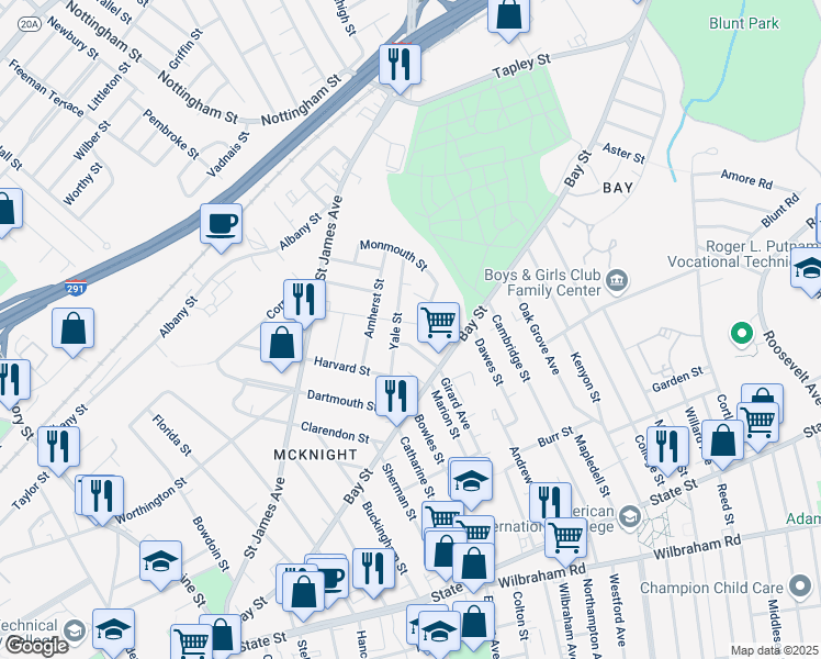 map of restaurants, bars, coffee shops, grocery stores, and more near 50 Princeton St in Springfield