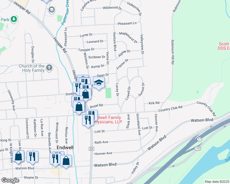 map of restaurants, bars, coffee shops, grocery stores, and more near 609 Lacey Dr in Endicott