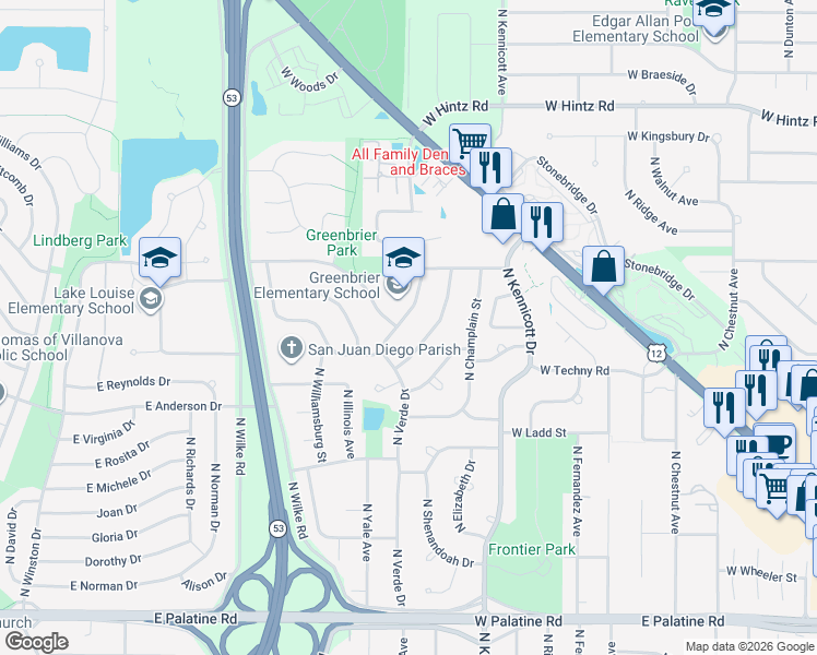 map of restaurants, bars, coffee shops, grocery stores, and more near 2324 North Lafayette Street in Arlington Heights