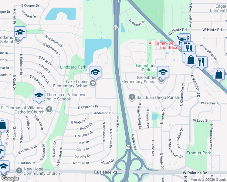 map of restaurants, bars, coffee shops, grocery stores, and more near 462 North Wilke Road in Palatine