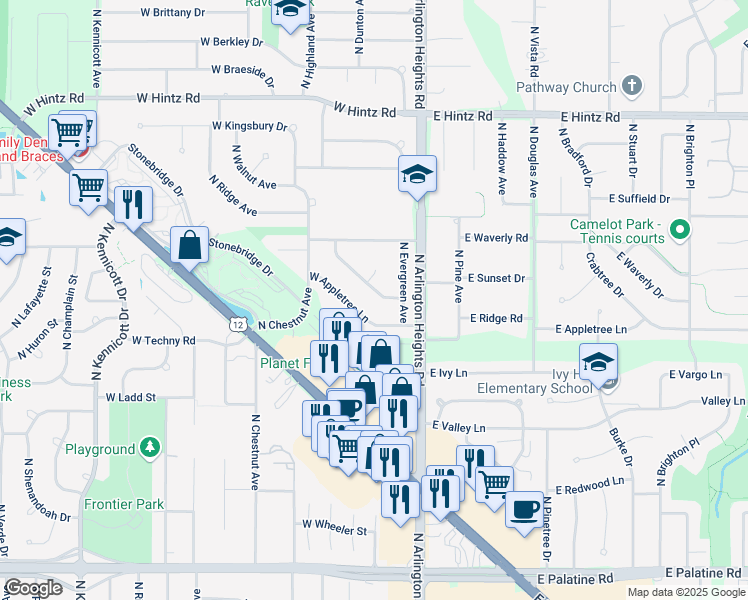 map of restaurants, bars, coffee shops, grocery stores, and more near 9 East Brookwood Drive in Arlington Heights