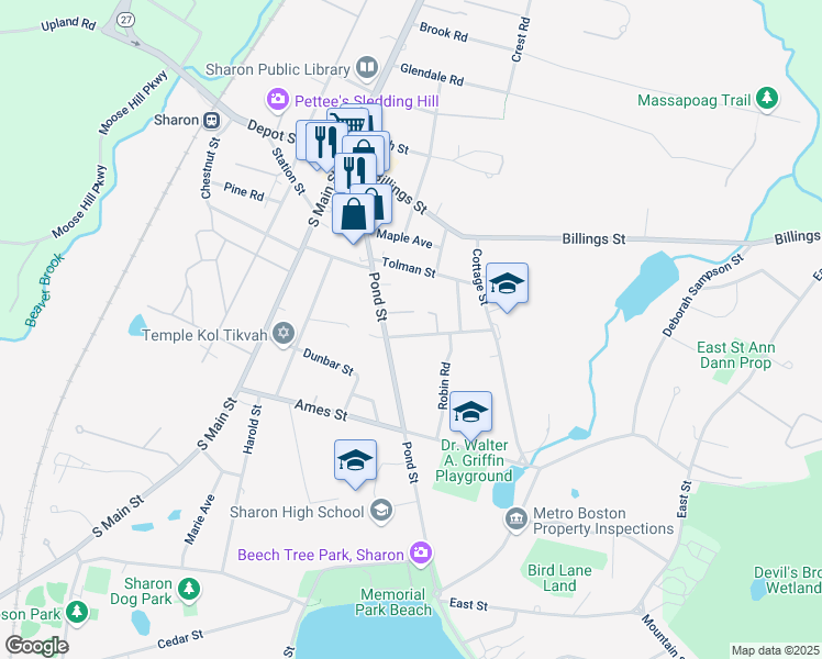 map of restaurants, bars, coffee shops, grocery stores, and more near 10 Woodland Street in Sharon