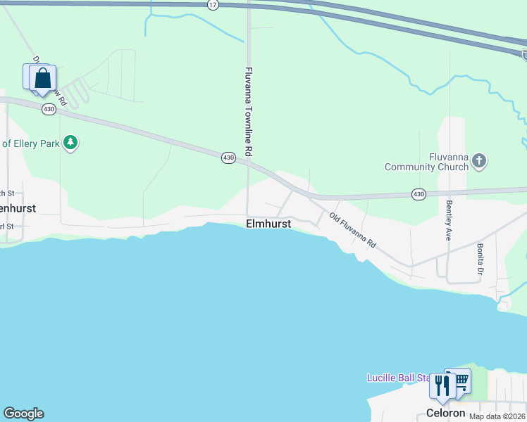 map of restaurants, bars, coffee shops, grocery stores, and more near 3578 Lake Street in Jamestown