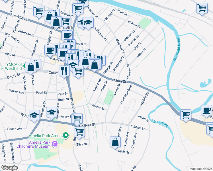map of restaurants, bars, coffee shops, grocery stores, and more near 6 State Street in Westfield