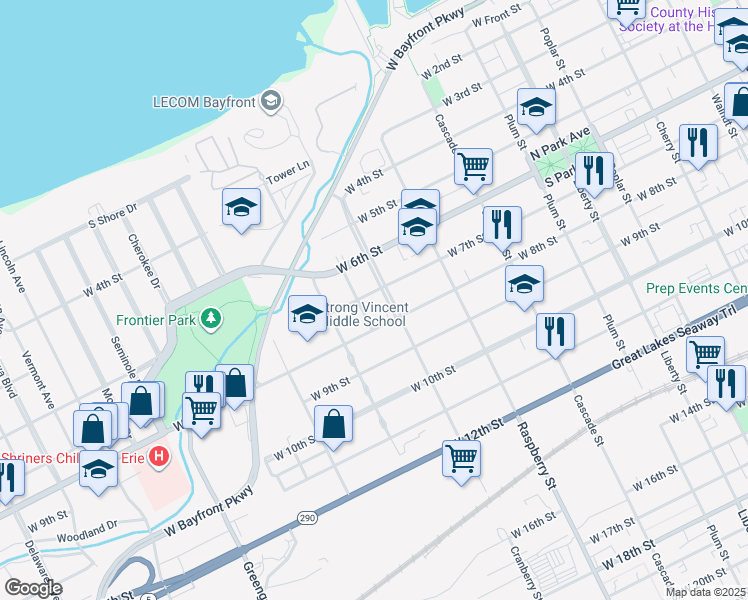 map of restaurants, bars, coffee shops, grocery stores, and more near 1211 West 7th Street in Erie