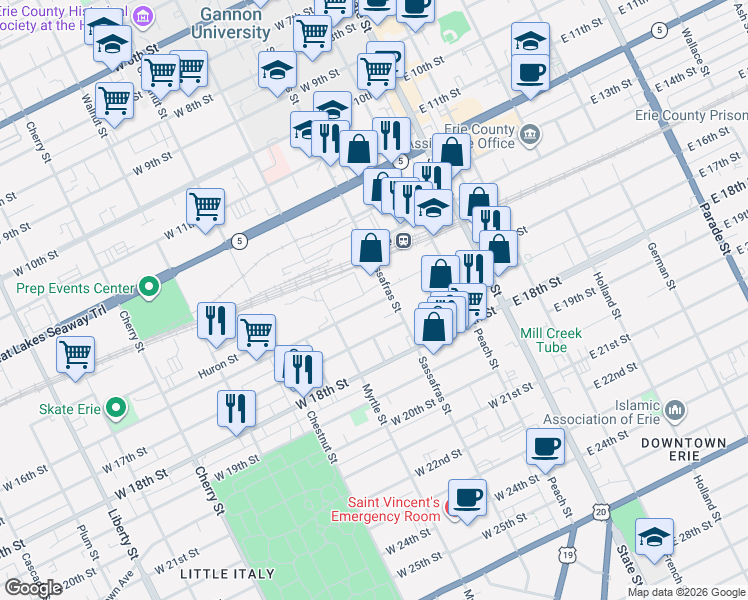 map of restaurants, bars, coffee shops, grocery stores, and more near 216 1/2 West 16th Street in Erie