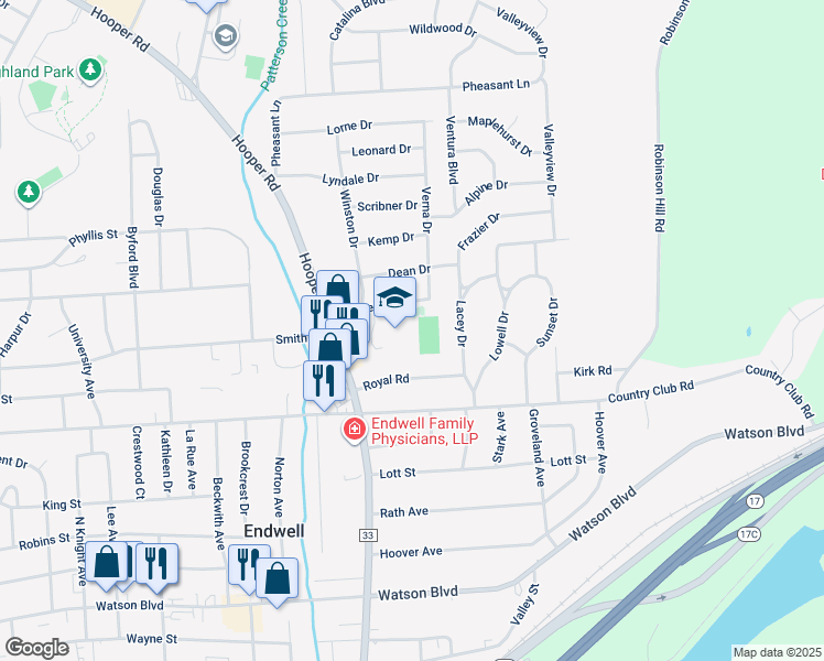 map of restaurants, bars, coffee shops, grocery stores, and more near 3618 Briar Lane in Endwell