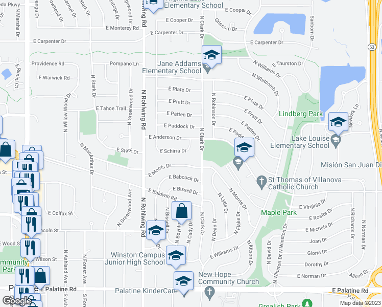 map of restaurants, bars, coffee shops, grocery stores, and more near 917 East Schirra Drive in Palatine