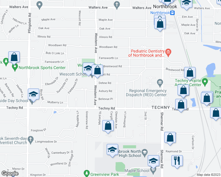 map of restaurants, bars, coffee shops, grocery stores, and more near 2300 Asbury Road in Northbrook