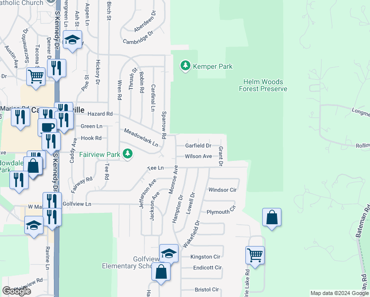 map of restaurants, bars, coffee shops, grocery stores, and more near 905 Garfield Drive in Carpentersville