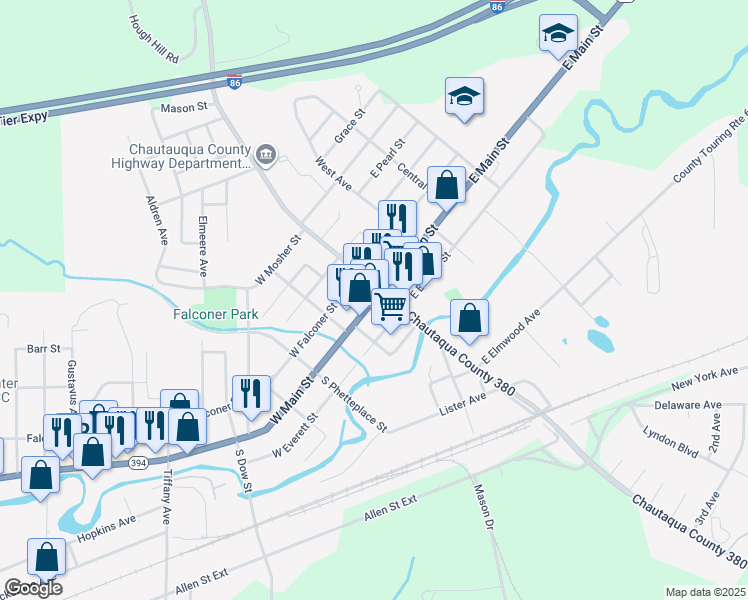 map of restaurants, bars, coffee shops, grocery stores, and more near in Falconer