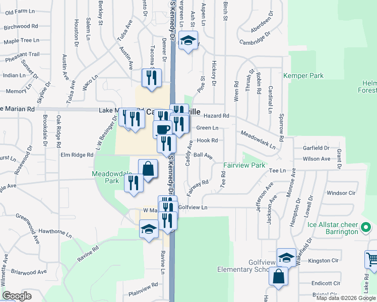 map of restaurants, bars, coffee shops, grocery stores, and more near 123 Caddy Avenue in Carpentersville