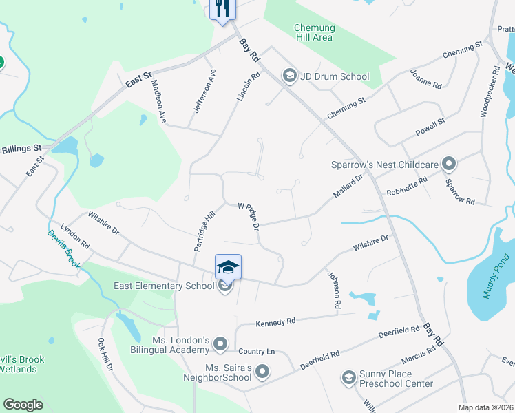 map of restaurants, bars, coffee shops, grocery stores, and more near 33 West Ridge Drive in Sharon