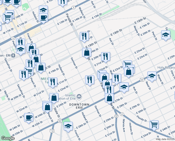 map of restaurants, bars, coffee shops, grocery stores, and more near 339 East 21st Street in Erie