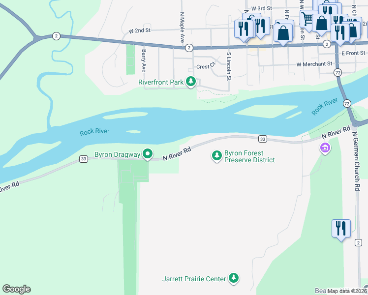 map of restaurants, bars, coffee shops, grocery stores, and more near 7424 North River Road in Byron