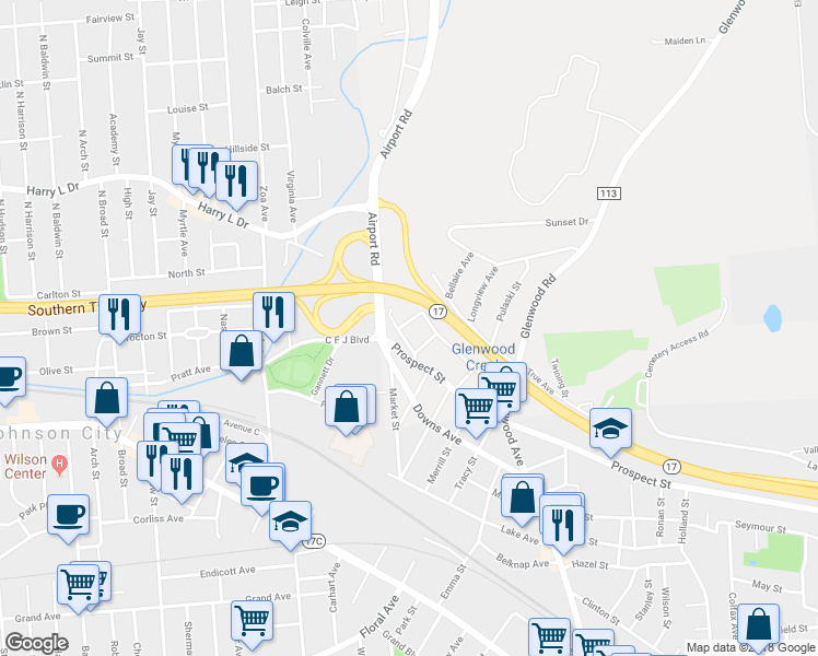 map of restaurants, bars, coffee shops, grocery stores, and more near 392 Prospect Street in Binghamton