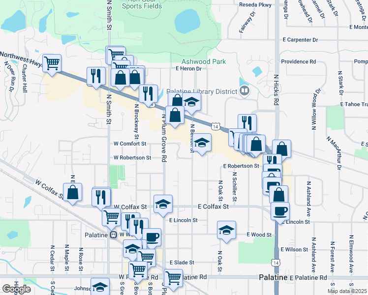 map of restaurants, bars, coffee shops, grocery stores, and more near 444 North Comfort Lane in Palatine