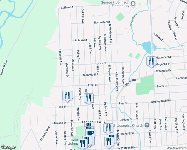 map of restaurants, bars, coffee shops, grocery stores, and more near 619 Odell Avenue in Endicott