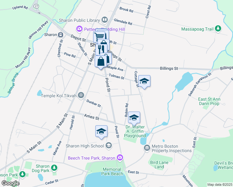 map of restaurants, bars, coffee shops, grocery stores, and more near 10 Woodland Street in Sharon