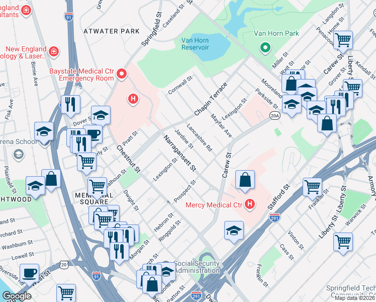 map of restaurants, bars, coffee shops, grocery stores, and more near 57 Narragansett Street in Springfield