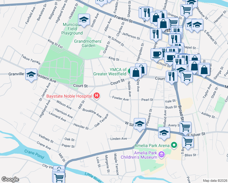 map of restaurants, bars, coffee shops, grocery stores, and more near 20 Perkins Street in Westfield