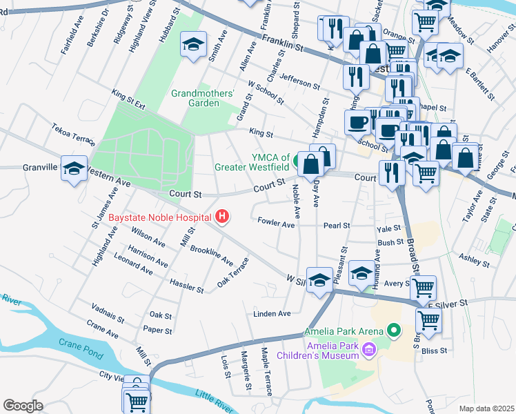 map of restaurants, bars, coffee shops, grocery stores, and more near 20 Perkins Street in Westfield