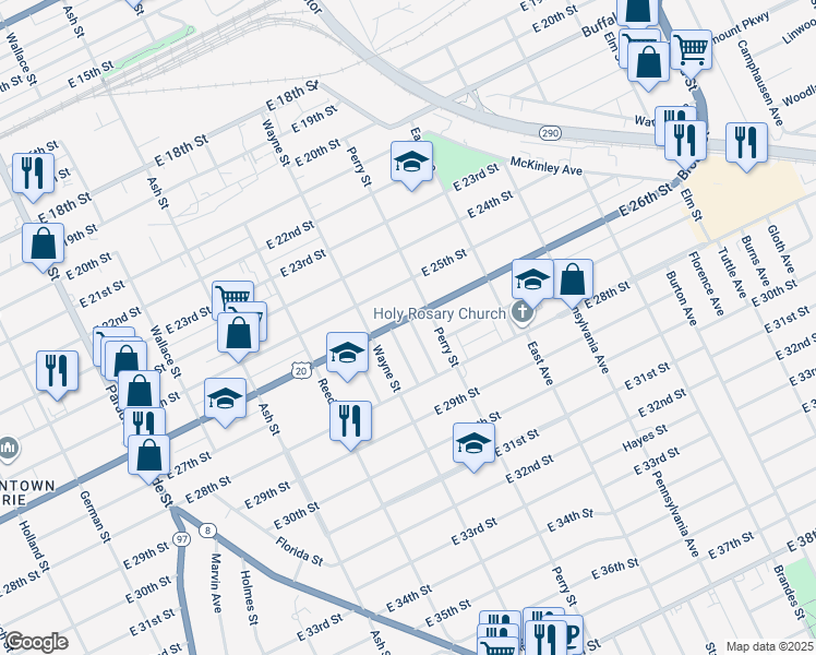 map of restaurants, bars, coffee shops, grocery stores, and more near 2603 Jackson Avenue in Erie