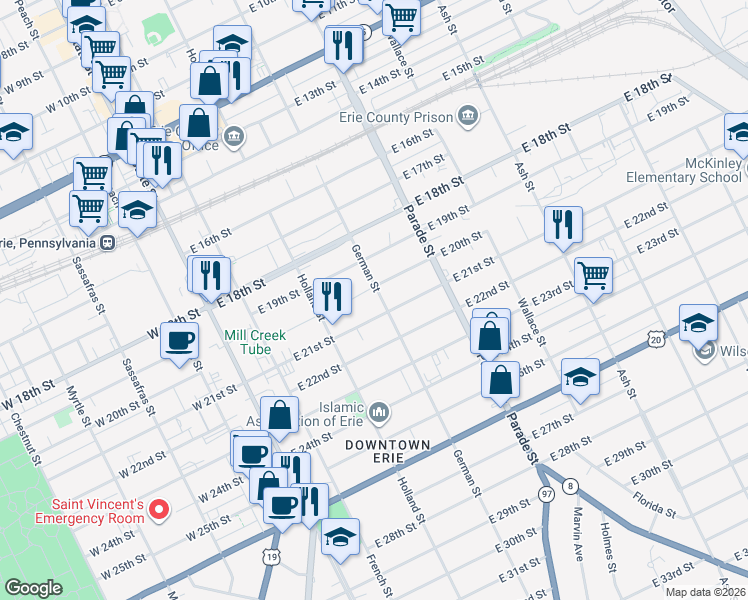 map of restaurants, bars, coffee shops, grocery stores, and more near 230 East 21st Street in Erie