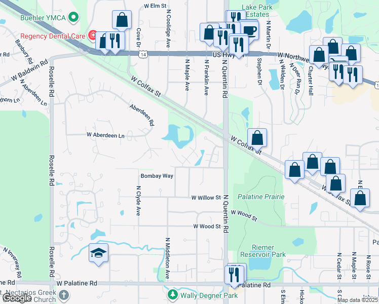 map of restaurants, bars, coffee shops, grocery stores, and more near 480 North Lake Shore Drive in Palatine