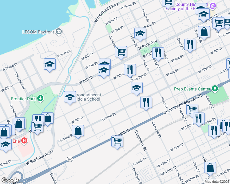 map of restaurants, bars, coffee shops, grocery stores, and more near 1101 West 8th Street in Erie