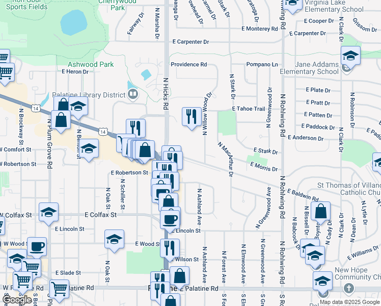 map of restaurants, bars, coffee shops, grocery stores, and more near 450 West Northwest Highway in Palatine