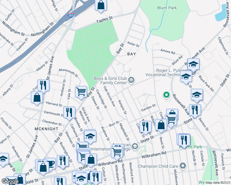 map of restaurants, bars, coffee shops, grocery stores, and more near 26 Acorn Street in Springfield