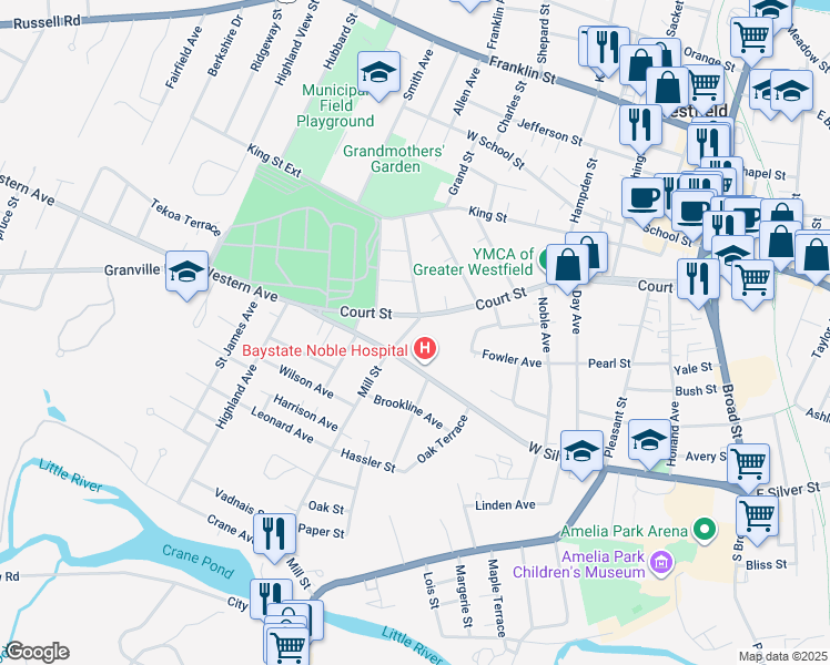map of restaurants, bars, coffee shops, grocery stores, and more near 4 Mill Street in Westfield