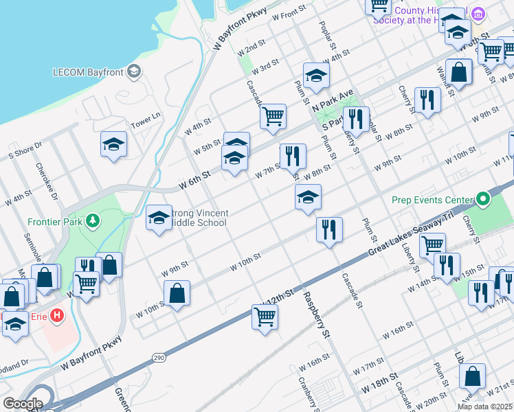 map of restaurants, bars, coffee shops, grocery stores, and more near 1105 West 8th Street in Erie