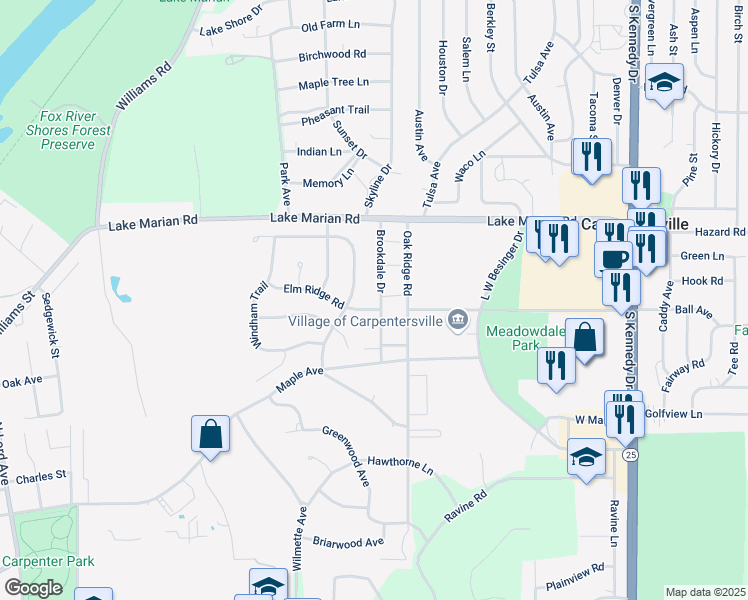 map of restaurants, bars, coffee shops, grocery stores, and more near 1245 Brookdale Drive in Carpentersville