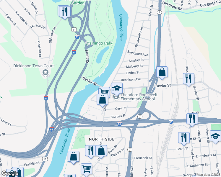 map of restaurants, bars, coffee shops, grocery stores, and more near 528 Chenango Street in Binghamton