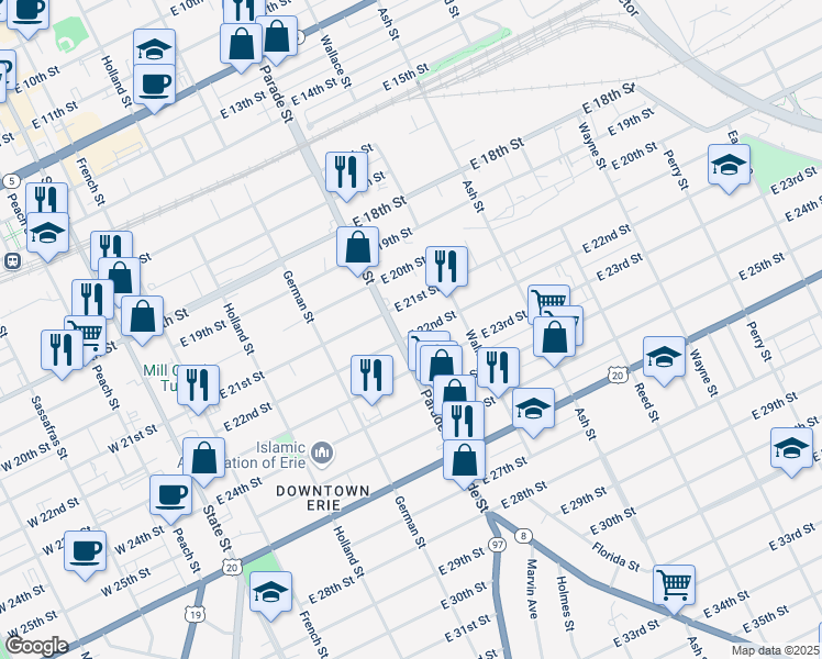 map of restaurants, bars, coffee shops, grocery stores, and more near 410 East 22nd Street in Erie