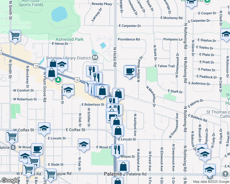 map of restaurants, bars, coffee shops, grocery stores, and more near 515 North Hicks Road in Palatine