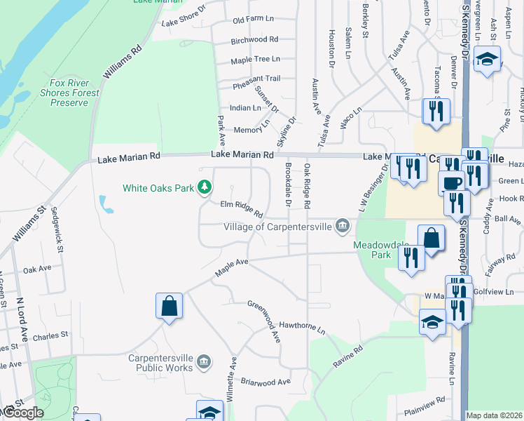 map of restaurants, bars, coffee shops, grocery stores, and more near 1023 Rosewood Drive in Carpentersville