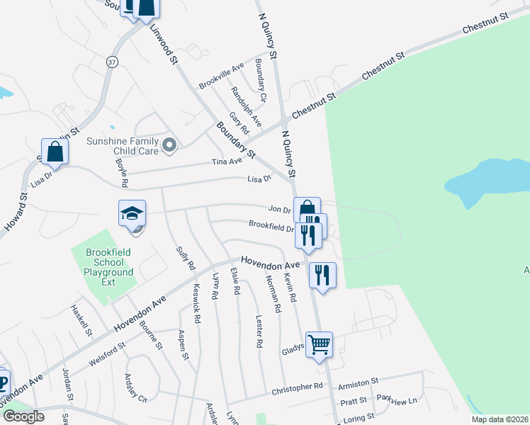 map of restaurants, bars, coffee shops, grocery stores, and more near 66 Brookfield Drive in Brockton