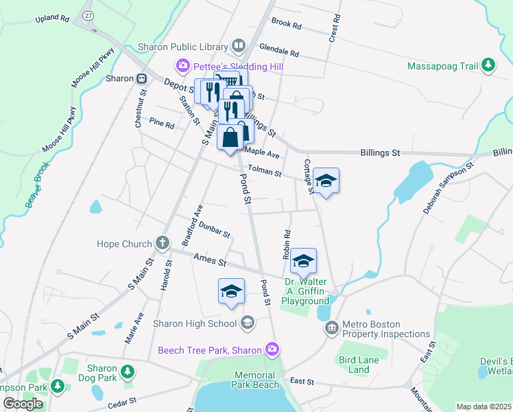 map of restaurants, bars, coffee shops, grocery stores, and more near 10 Woodland Street in Sharon