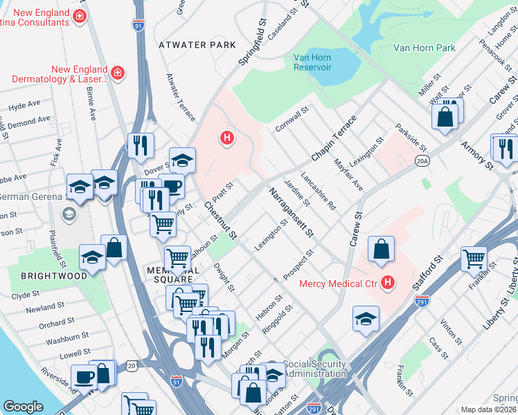 map of restaurants, bars, coffee shops, grocery stores, and more near 39 Chapin Terrace in Springfield
