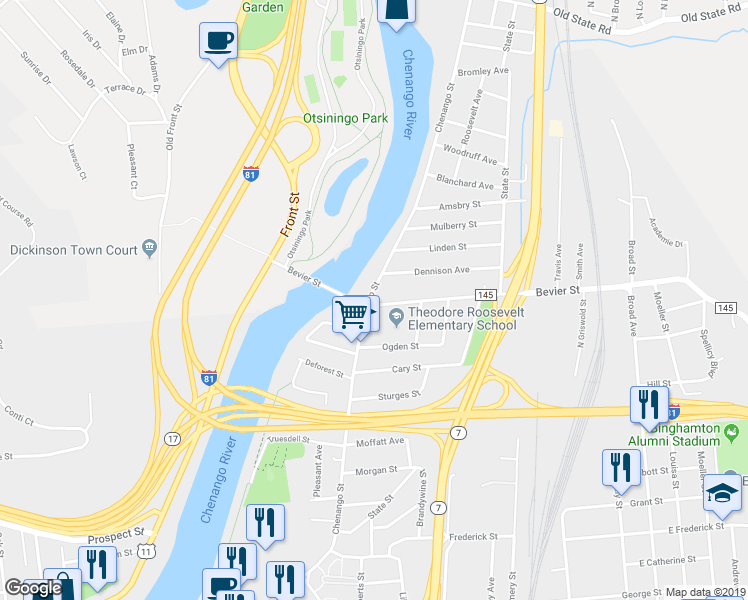 map of restaurants, bars, coffee shops, grocery stores, and more near 526 Chenango Street in Binghamton