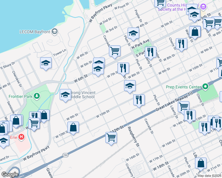 map of restaurants, bars, coffee shops, grocery stores, and more near 1115 West 8th Street in Erie
